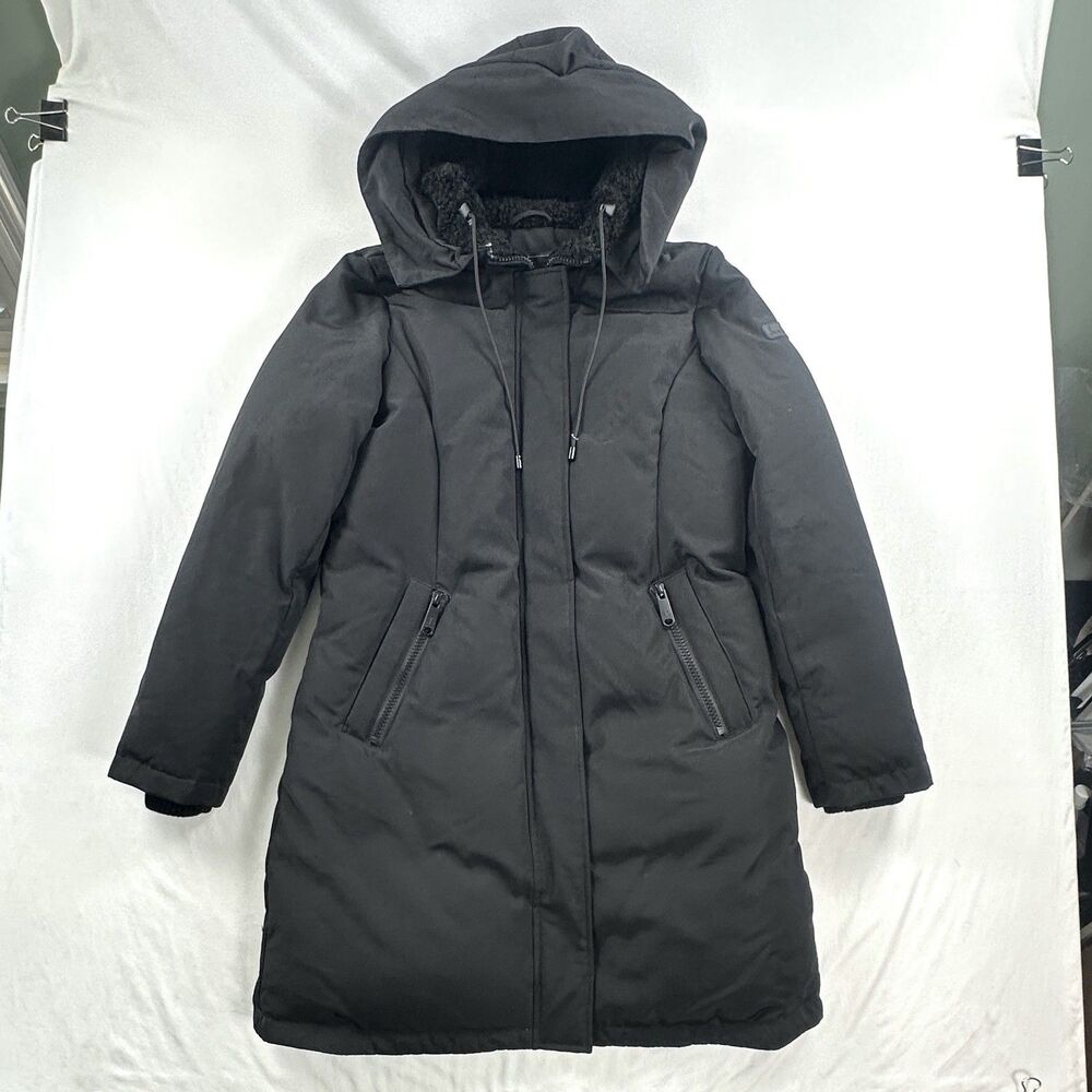 Sam Edelman Down Filled Puffer Coat Mid Length Womens Medium Black Hooded Parka